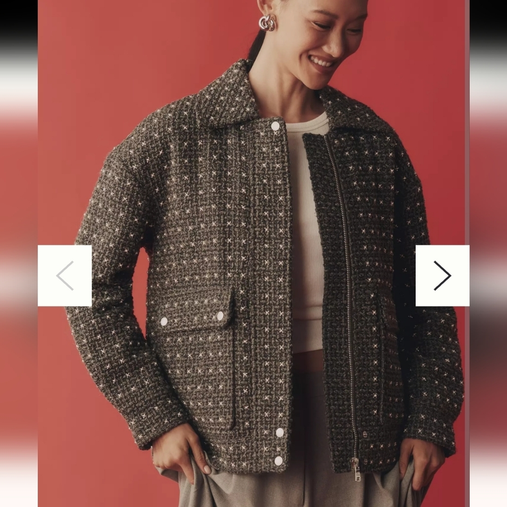 New!Avec Les Filles Pearl-Embellished Bomber OutdoorJacket Elegant Gray Women's - Picture 2 of 14